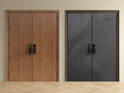 Home Interior Double Doors With Wooden And Black Textured Panels And Black Handles 3d model