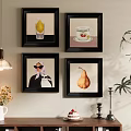 Abstract Paintings Featuring Lemon Coffee Cup Figure And Pear Hanging On Wall In Decorative Setting