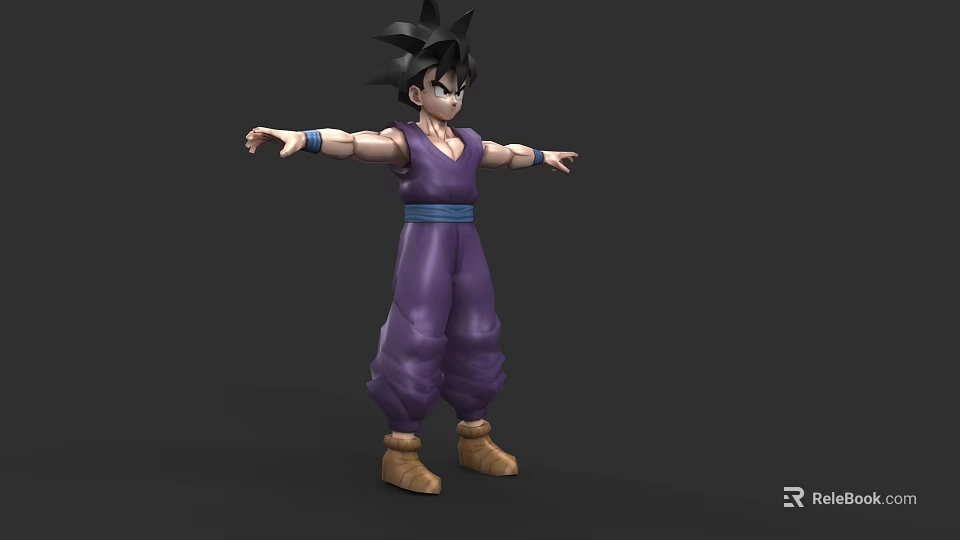 Anime Game Character 3D Model With Black Spiky Hair Purple Outfit Blue Belt Brown Shoes 3d model 