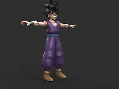 Anime Game Character 3D Model With Black Spiky Hair Purple Outfit Blue Belt Brown Shoes 3d model