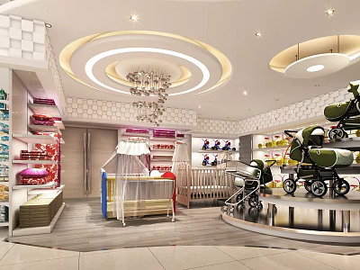 Modern Supermarket Department Store Featuring Baby Strollers Cribs And Organized Display Shelves 3d model