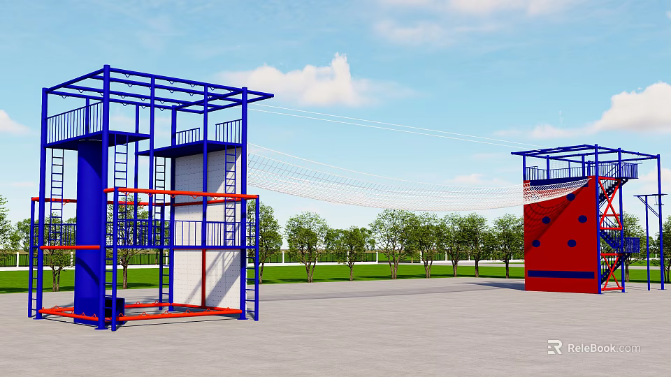 Fire Station Training Area Featuring Blue Red Metal Climbing Structure And Green Trees 3d model 