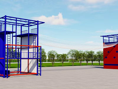 Fire Station Training Area Featuring Blue Red Metal Climbing Structure And Green Trees 3d model