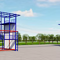Fire Station Training Area Featuring Blue Red Metal Climbing Structure And Green Trees