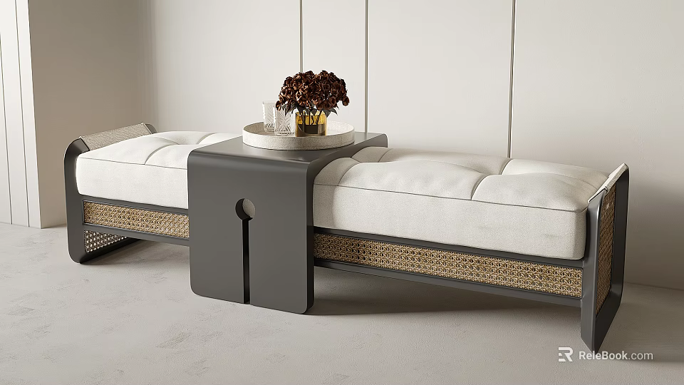 Modern Padded Ottoman With Woven Detailing And Side Table Featuring Decorative Flowers 3d model