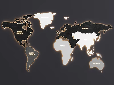 Stylish Wall Interior Design Featuring Black And White World Map On Dark Background 3d model