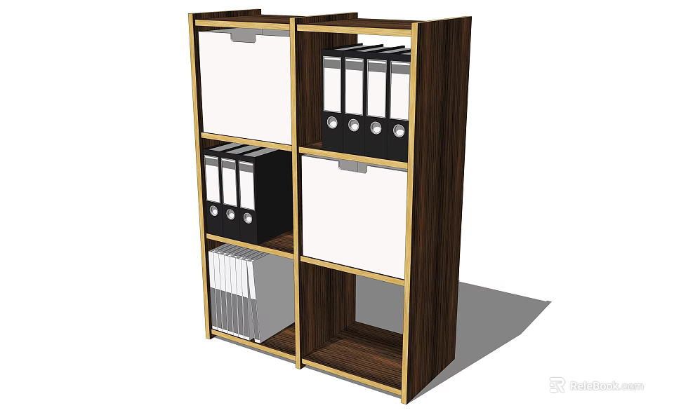 Wooden Bookcase With Gold Trim Multiple Shelves Holding Black Binders And White Documents 3d model 