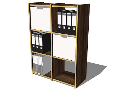 Wooden Bookcase With Gold Trim Multiple Shelves Holding Black Binders And White Documents 3d model