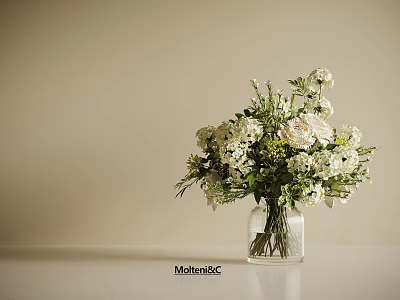 Elegant Transparent Glass Vase With White Flowers And Green Foliage On White Surface 3d model
