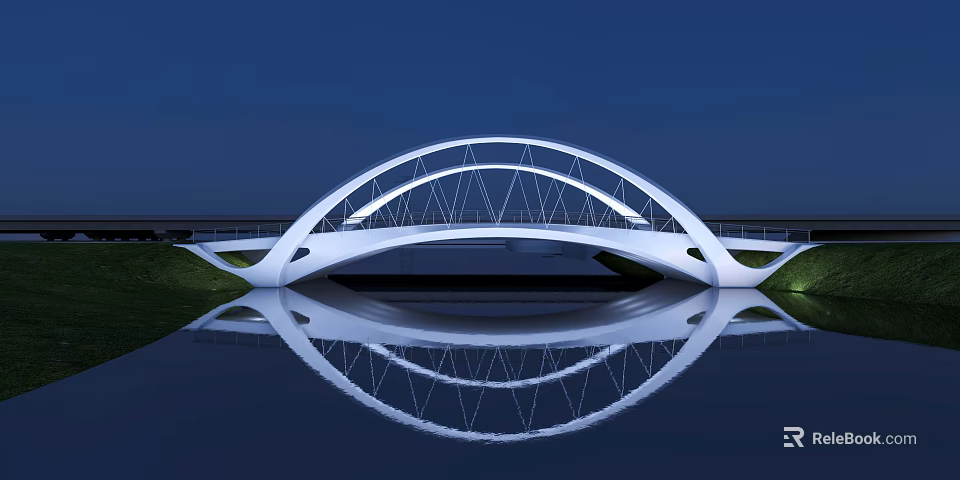 Modern White Arch Bridge With Night Reflection On Calm Water Surface 3d model 