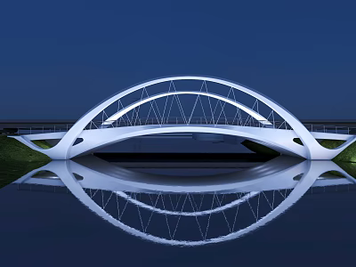 Modern White Arch Bridge With Night Reflection On Calm Water Surface 3d model