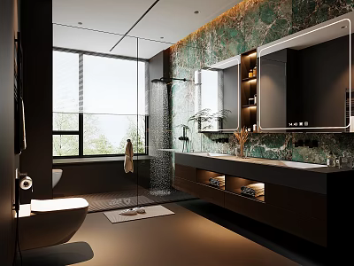 Modern Luxury Bathroom Interior Featuring Marble Wall Large Mirror Double Sink Vanity And Shower Area 3d model