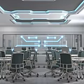 Modern School Classroom With Tech Screens Blue Lighting And Student Desks