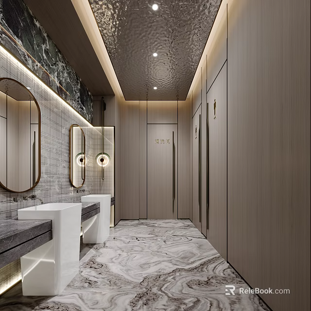 Modern Public Restroom Design With Marble Floor Wooden Walls Mirrors And Washbasins 3d model 