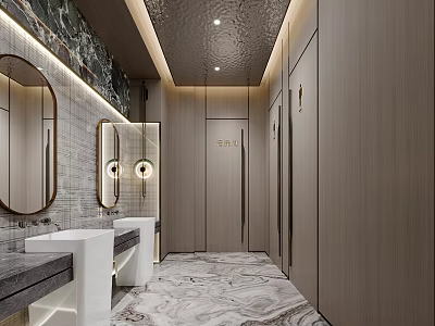 Modern Public Restroom Design With Marble Floor Wooden Walls Mirrors And Washbasins 3d model
