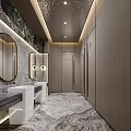Modern Public Restroom Design With Marble Floor Wooden Walls Mirrors And Washbasins