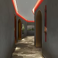 Modern Hotel Corridor With Curved Gray Walls Red Accent Lines And Plant Decor