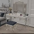 Elegant White Carved Dressing Table with Mirror Blue Upholstered Stool Cosmetics Flower Vase in Bedroom