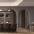 Modern Living Dining Room Interior Design With Beige Sofa Arched Doorways And Wooden Walls