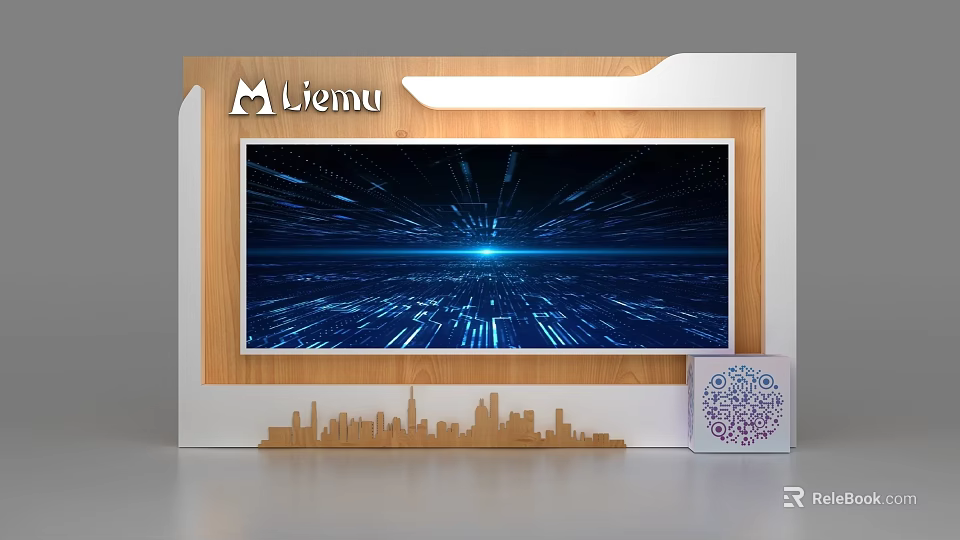 Liemu Wooden Framed Tech Screen With Blue Digital Background City Skyline Silhouette And Decorative Cube 3d model 