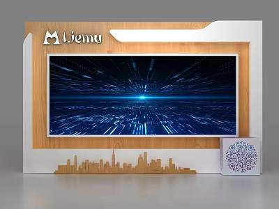 Liemu Wooden Framed Tech Screen With Blue Digital Background City Skyline Silhouette And Decorative Cube 3d model