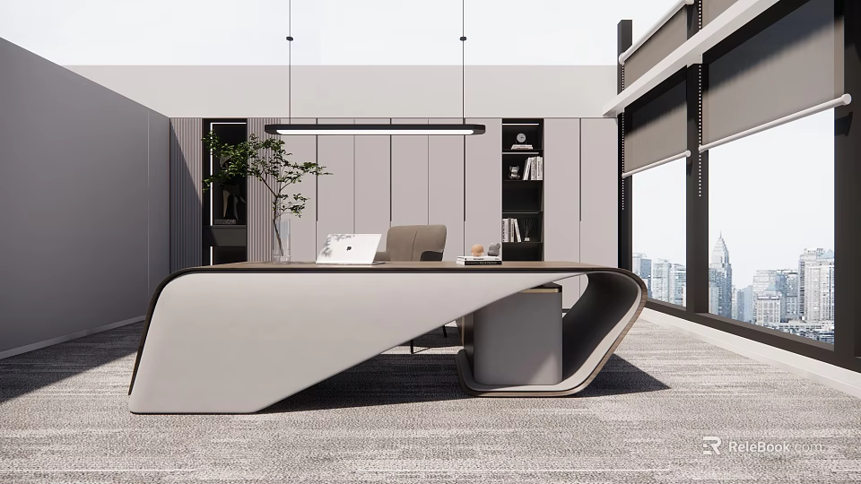Modern Office Interior Design With Curved Desk Chair Plant And City View 3d model 