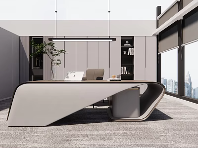 Modern Office Interior Design With Curved Desk Chair Plant And City View 3d model