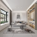 Modern Bedroom Interior Design With Large Bed Circular Wall Decor Plants And Glass Wardrobe