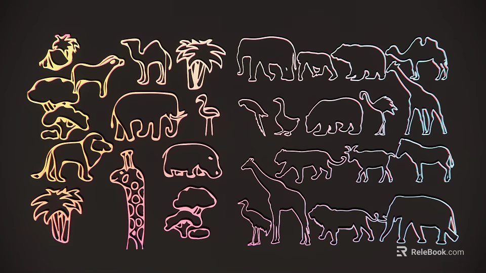 Colorful Animal Wall Decor With Various Silhouette Animals And Palm Trees 3d model 