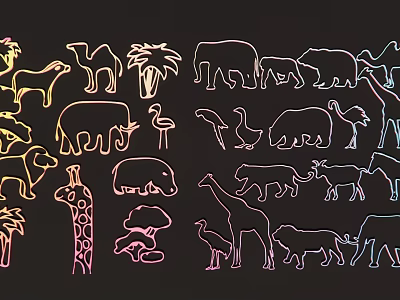 Colorful Animal Wall Decor With Various Silhouette Animals And Palm Trees 3d model
