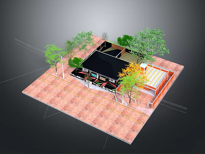 Outdoor Kiosk with Black Roof Orange Accents Red Brick Floor Surrounded by Trees and Greenery 3d model