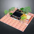 Outdoor Kiosk with Black Roof Orange Accents Red Brick Floor Surrounded by Trees and Greenery