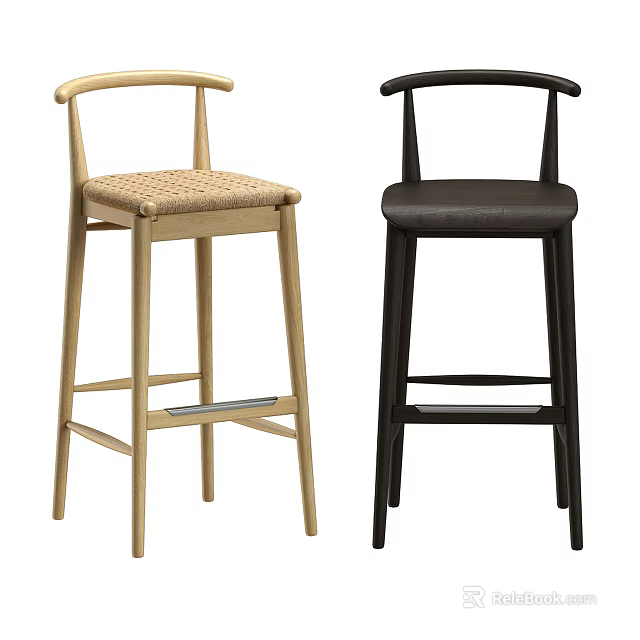 Modern Bar Stools With Wooden Frame Woven And Leather Seats Two Tone Design 3d model 
