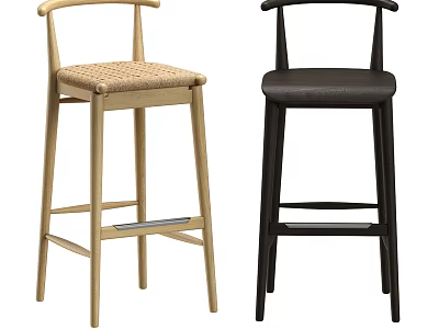 Modern Bar Stools With Wooden Frame Woven And Leather Seats Two Tone Design 3d model