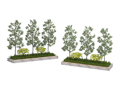 Arbor Trees Arranged in Stone Bases With Green Grass and Small Shrubs 3d model
