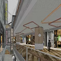 Open Layout Shopping Mall Stores With Geometric Lighting Glass Fronts And Wooden Pillars