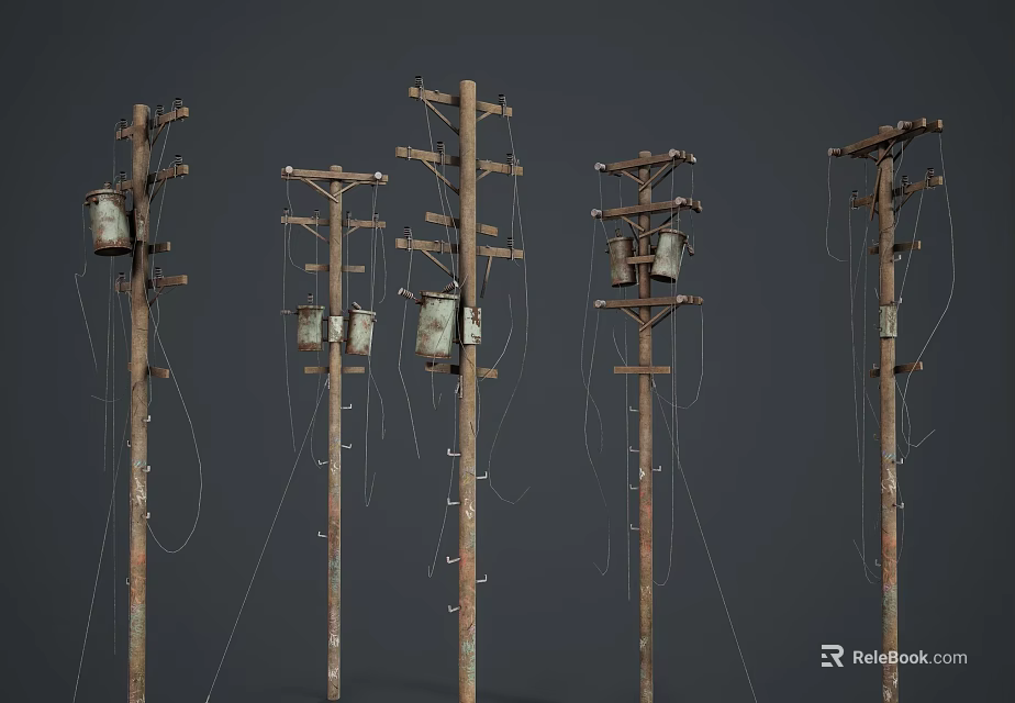 Old Weathered Wooden Utility Poles With Crossarms And Hanging Power Lines 3d model 