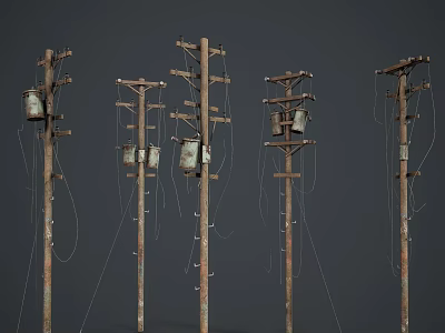 Old Weathered Wooden Utility Poles With Crossarms And Hanging Power Lines 3d model