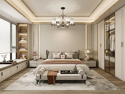 Elegant Modern Bedroom Interior With Bedside Tables Chandelier Rug Blinds And Mirrored Wardrobes 3d model