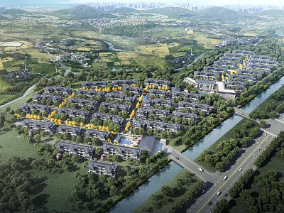Comprehensive Aerial Planning of Residential Community with Riverfront Roads Green Spaces and Buildings 3d model