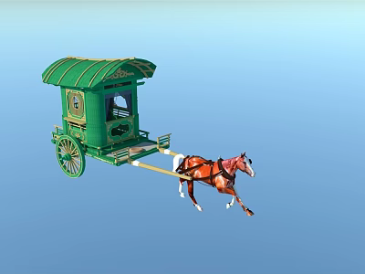 Green Horse Drawn Carriage With Brown Horse Green Roof And Window 3d model