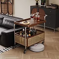 Wheeled Wooden Side Cart with Rattan Storage Basket Top Tray for Wine Glasses Cake Decanter