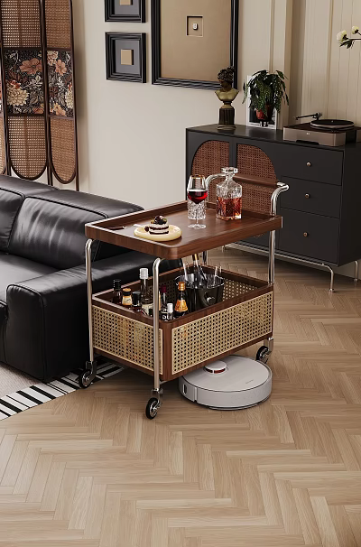Wheeled Wooden Side Cart with Rattan Storage Basket Top Tray for Wine Glasses Cake Decanter 3d model