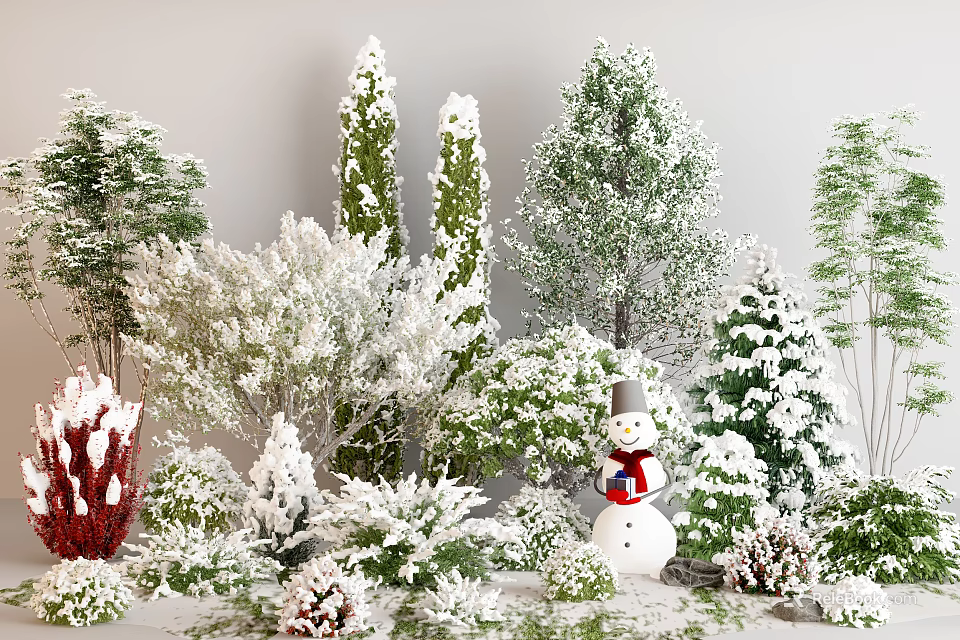 Snow Covered Trees With Different Varieties Bushes and Snowman in Winter Scene 3d model 