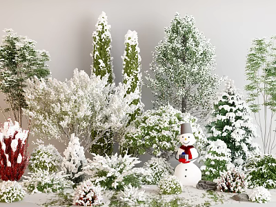 Snow Covered Trees With Different Varieties Bushes and Snowman in Winter Scene 3d model