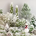 Snow Covered Trees With Different Varieties Bushes and Snowman in Winter Scene