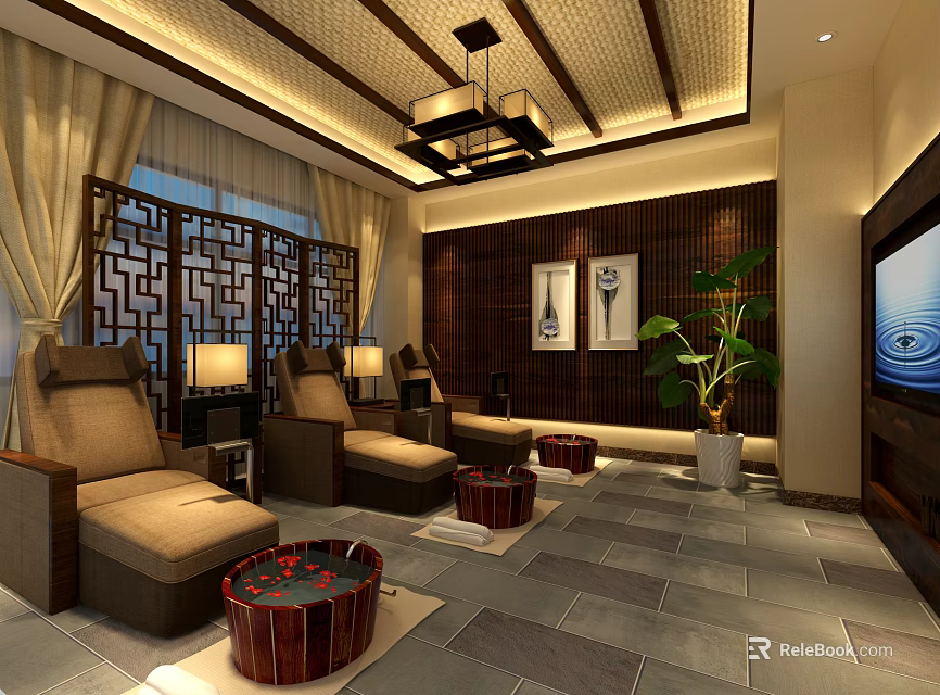 SPA Sauna Interior With Massage Chairs Foot Bath Basins Wooden Decor And Green Plants 3d model 