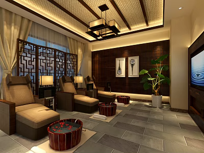 SPA Sauna Interior With Massage Chairs Foot Bath Basins Wooden Decor And Green Plants 3d model