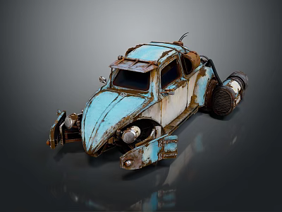 Rusty Blue Vintage Beetle Car With Modified Mechanical Parts And Weathered Exterior 3d model