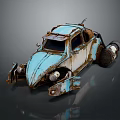 Rusty Blue Vintage Beetle Car With Modified Mechanical Parts And Weathered Exterior